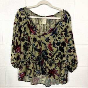VTG Green Floral Velvet Burnout Top Y2K Sheer Forest Fairy‎ Romantic Ethereal M